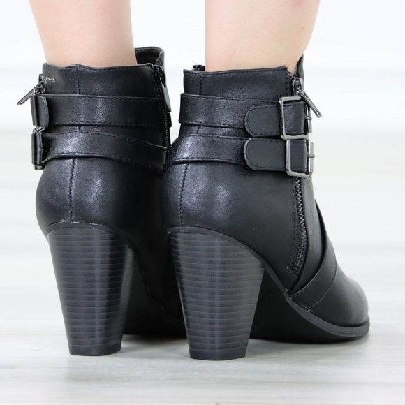 Black Ankle Boots High Heeled Booties Pointed Toe Chunky Cone Heel - Picture 7 of 12